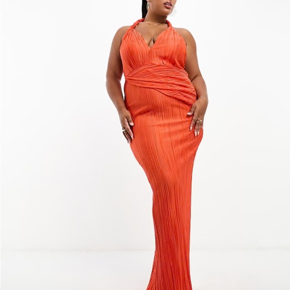 ASOS Curve Orange Ribbed Backless Maxi Gown - Picture 1 of 3
